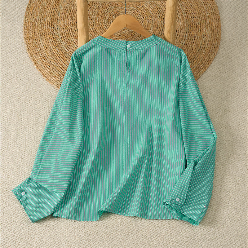 Buddha Stones Spring Casual Minimalist Green Striped Crew Neck Women's Long Sleeve T-Shirt - image 1