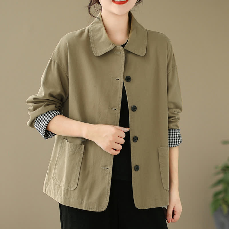 Buddha Stones Spring Fall Casual Minimalist Button-Up Solid Women's Jacket With Pockets - DarkKhaki - US8-10, UK/AU12-14, EU40-42 (2XL) - image 0