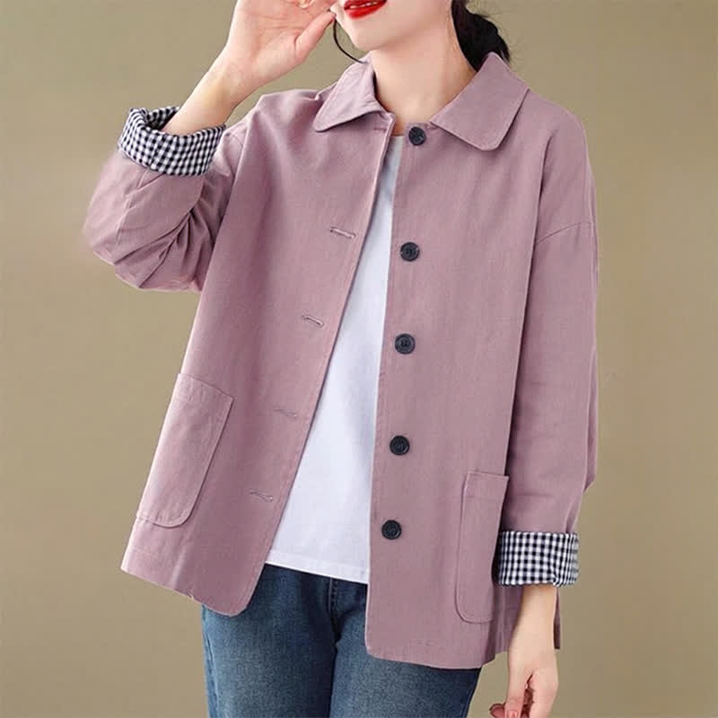 Buddha Stones Spring Fall Casual Minimalist Button-Up Solid Women's Jacket With Pockets - PaleVioletRed - US8-10, UK/AU12-14, EU40-42 (2XL) - image 15