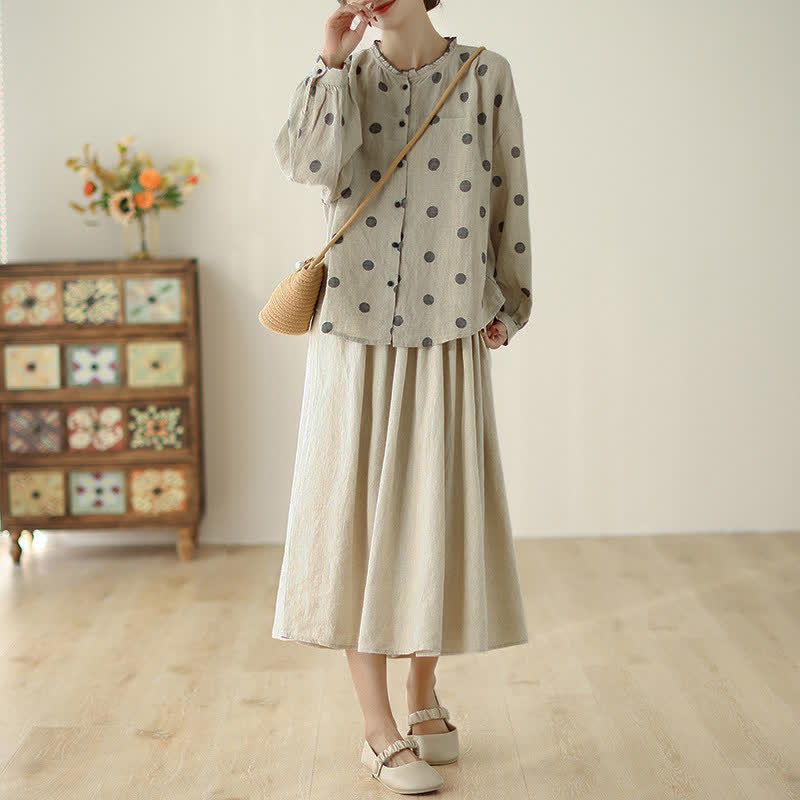 Buddha Stones Spring Fall Casual Vintage Button-Up Polka Dot Women's Long Sleeve Shirts With Pocket - image 6