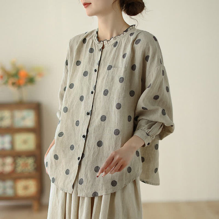 Buddha Stones Spring Fall Casual Vintage Button-Up Polka Dot Women's Long Sleeve Shirts With Pocket - image 3