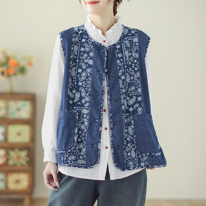Buddha Stones Spring Fall Vintage Boho Button-Up Floral Tank Top Women's Vest With Pocket - image 1
