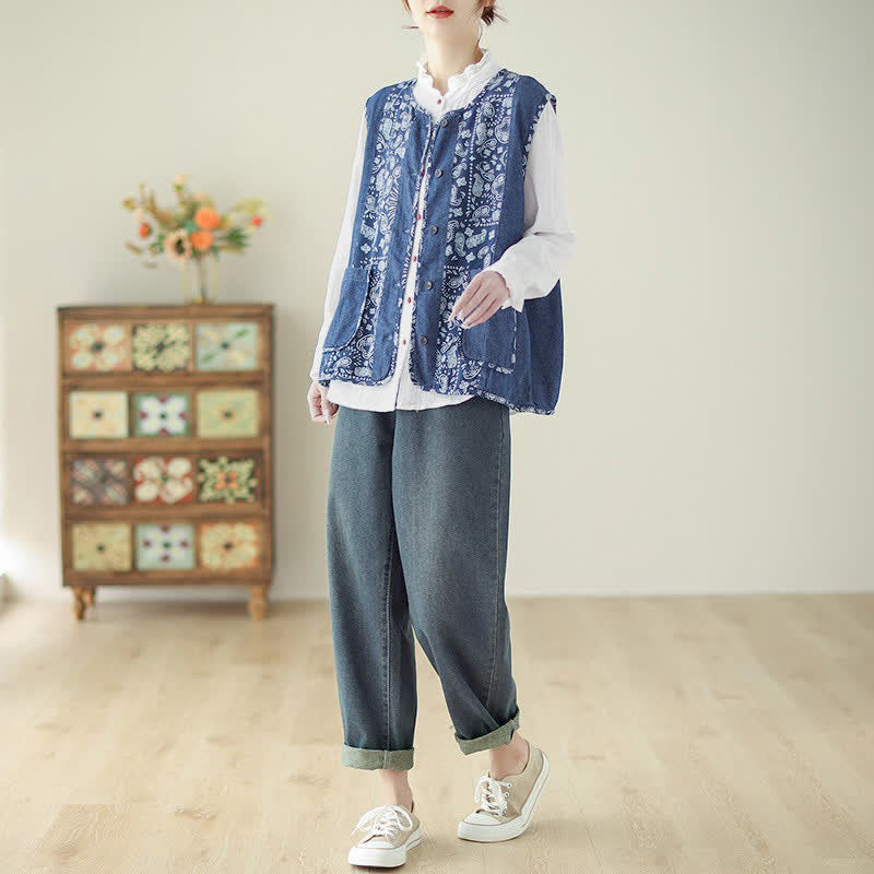 Buddha Stones Spring Fall Vintage Boho Button-Up Floral Tank Top Women's Vest With Pocket - image 4