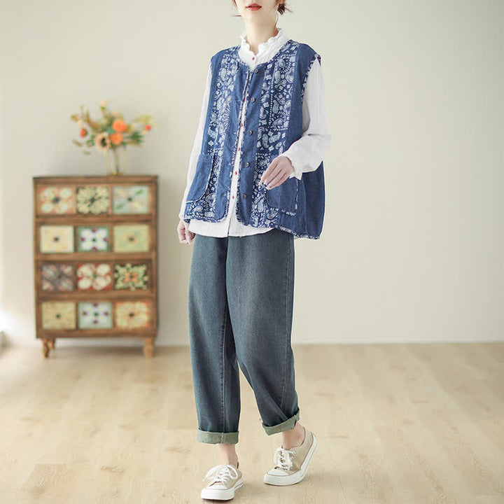 Buddha Stones Spring Fall Vintage Boho Button-Up Floral Tank Top Women's Vest With Pocket - image 4