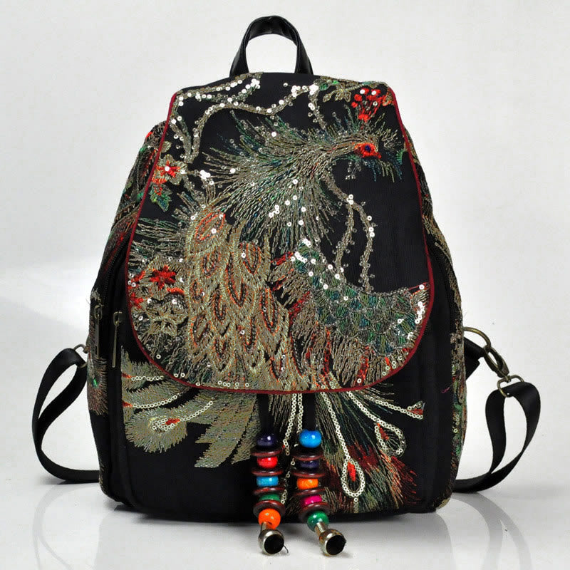Peacock Embroidery Canvas Tassel Backpack - image 1