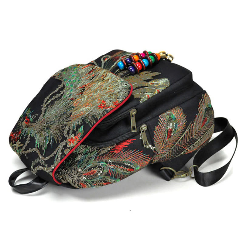 Peacock Embroidery Canvas Tassel Backpack - image 3
