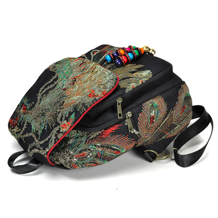 Peacock Embroidery Canvas Tassel Backpack - image 3