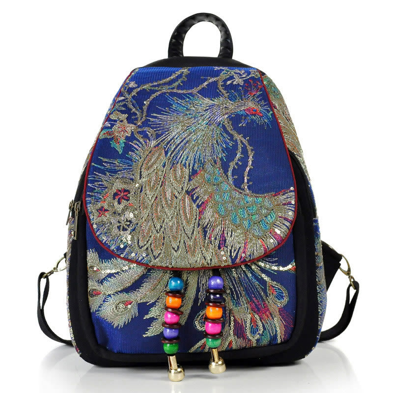 Peacock Embroidery Canvas Tassel Backpack - Dark Blue Peacock - image 17