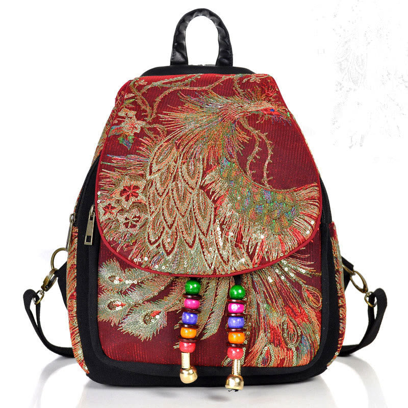 Peacock Embroidery Canvas Tassel Backpack - Wine Red Peacock - image 18