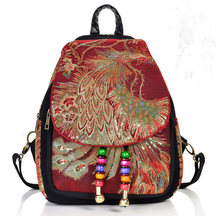 Peacock Embroidery Canvas Tassel Backpack - Wine Red Peacock - image 18