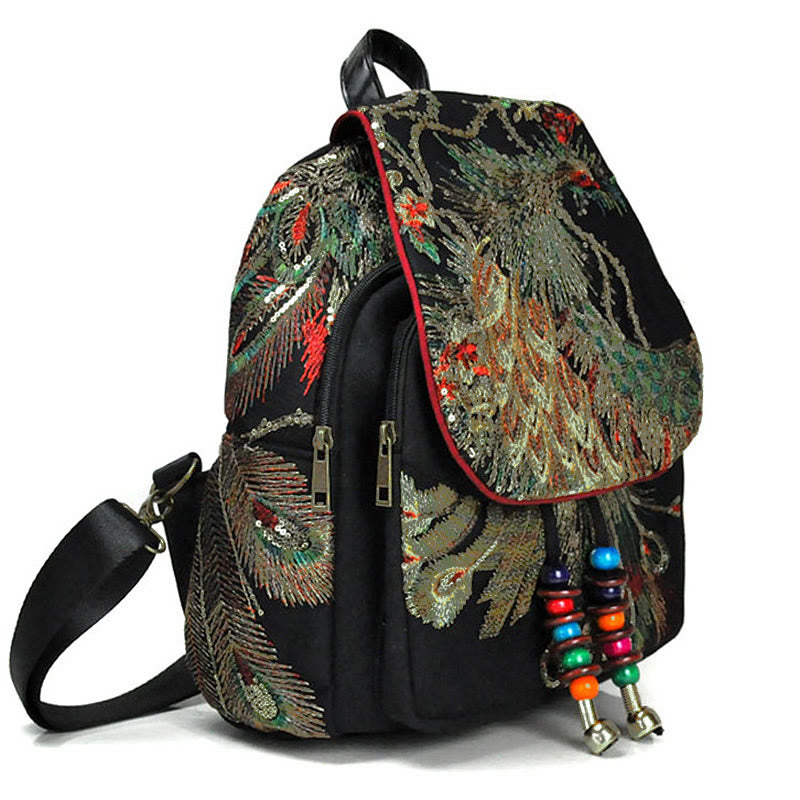 Peacock Embroidery Canvas Tassel Backpack - image 2