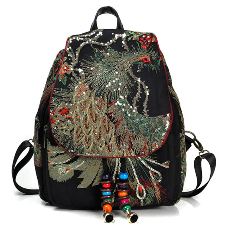 Peacock Embroidery Canvas Tassel Backpack - Black Peacock - image 0