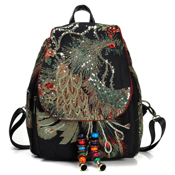 Peacock Embroidery Canvas Tassel Backpack - Black Peacock - image 0
