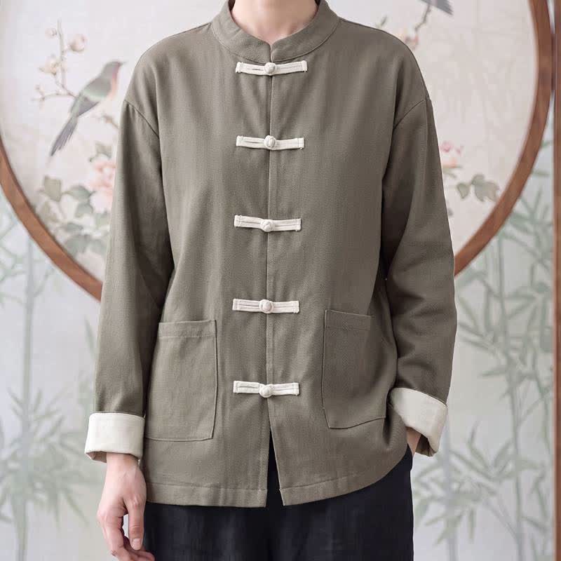 Buddha Stones Fall Winter Tang Style Vintage Mandarin Collar Frog Button Solid Women's Jackets With Pocket - DarkOliveGreen - US16，UK/AU20，EU48 (5XL) - image 7