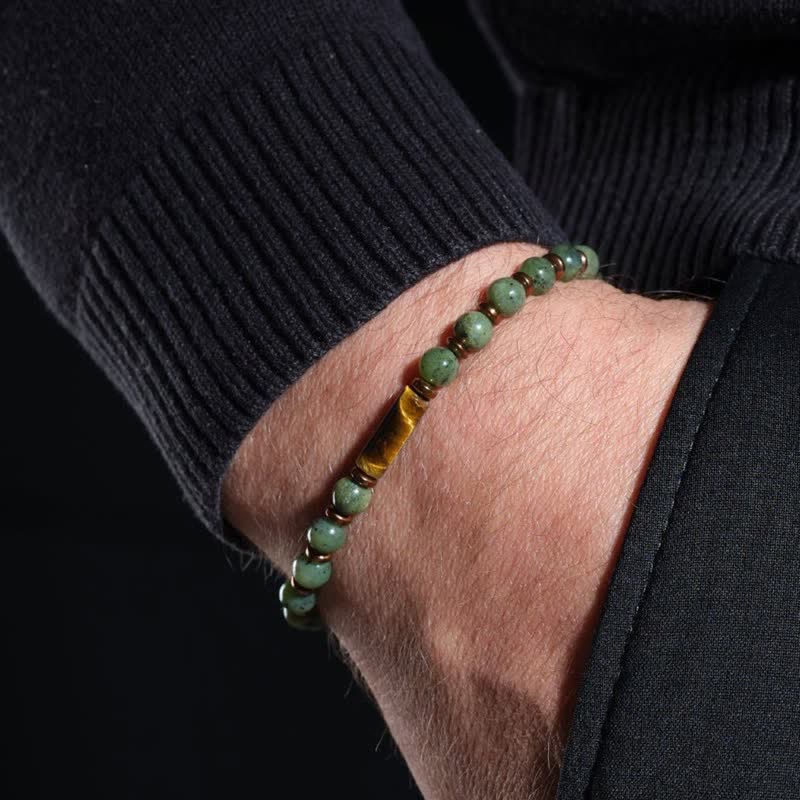 Buddha Stones Green Moss Agate Round Bead Tiger Eye Accent Bracelet - image 10