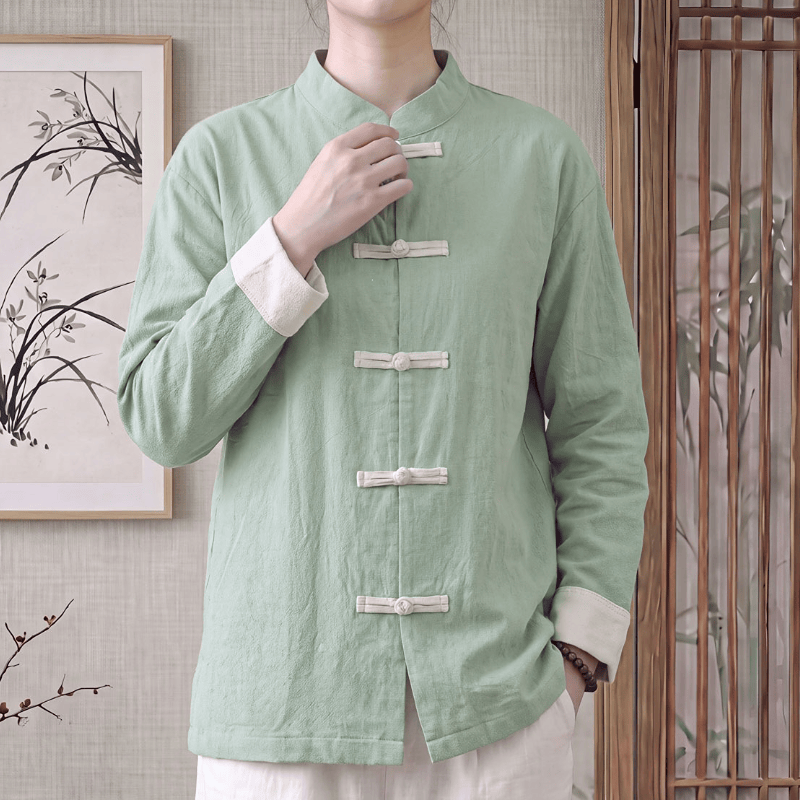 Buddha Stones Spring Fall Tang Style Minimalist Mandarin Collar Frog Button Solid Cotton Women's Long Sleeve Shirts - image 1
