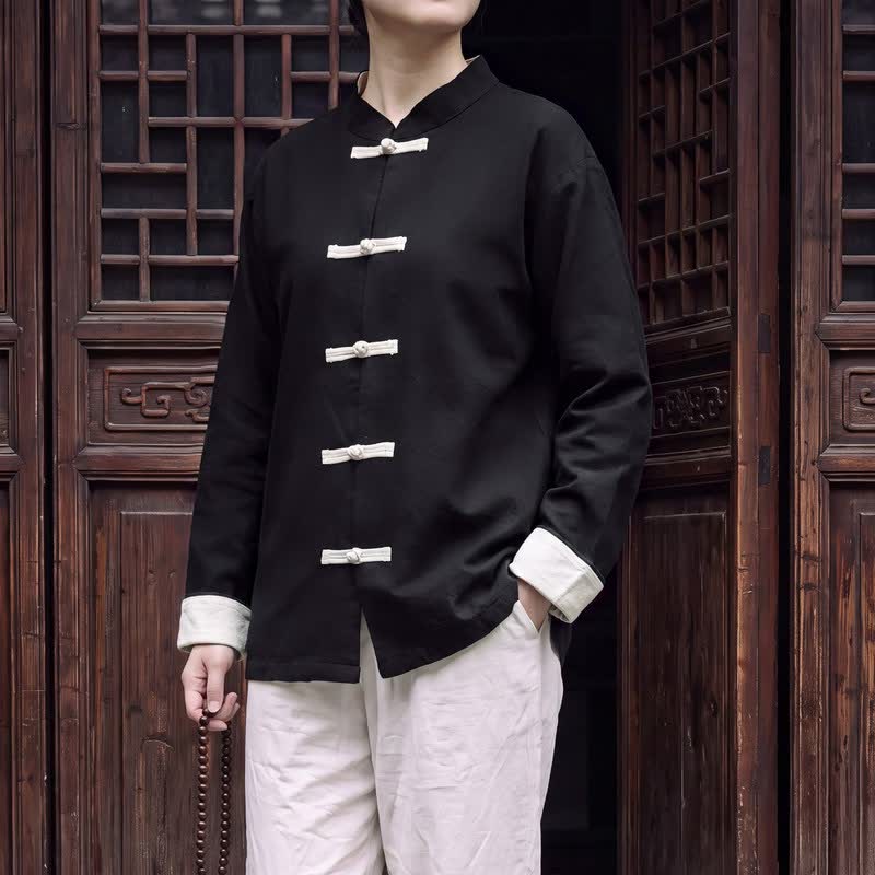 Buddha Stones Spring Fall Tang Style Minimalist Mandarin Collar Frog Button Solid Cotton Women's Long Sleeve Shirts - Black - US16，UK/AU20，EU48 (5XL) - image 12