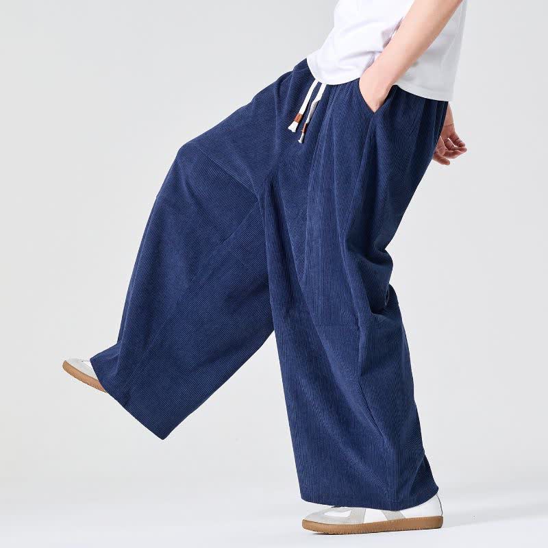 Buddha Stones Fall Winter Casual Corduroy Drawstring Solid Long Pants Men's Straight Leg Pants With Pocket - Navy - US/UK/AU46，EU56 (5XL) - image 0