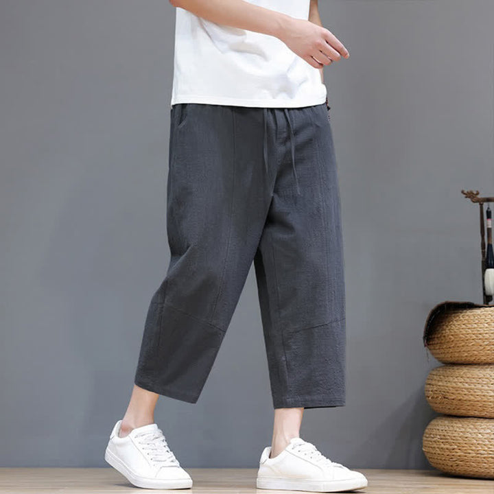 Buddha Stones Spring Summer Casual Minimalist Drawstring Solid Cotton Linen Capri Pants Men's Harem Pants With Pocket - image 3