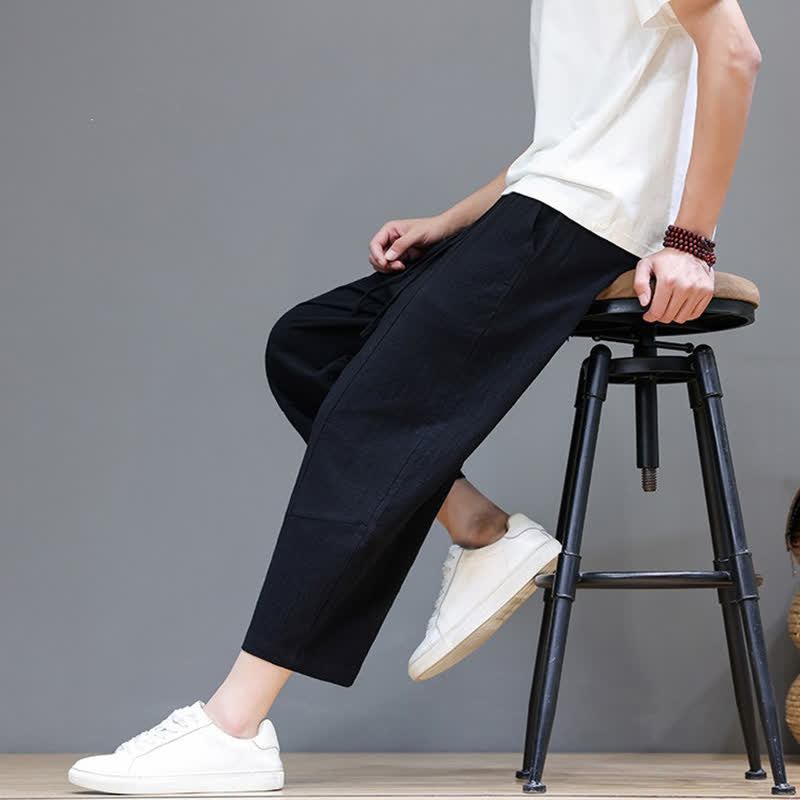 Buddha Stones Spring Summer Casual Minimalist Drawstring Solid Cotton Linen Capri Pants Men's Harem Pants With Pocket - image 15