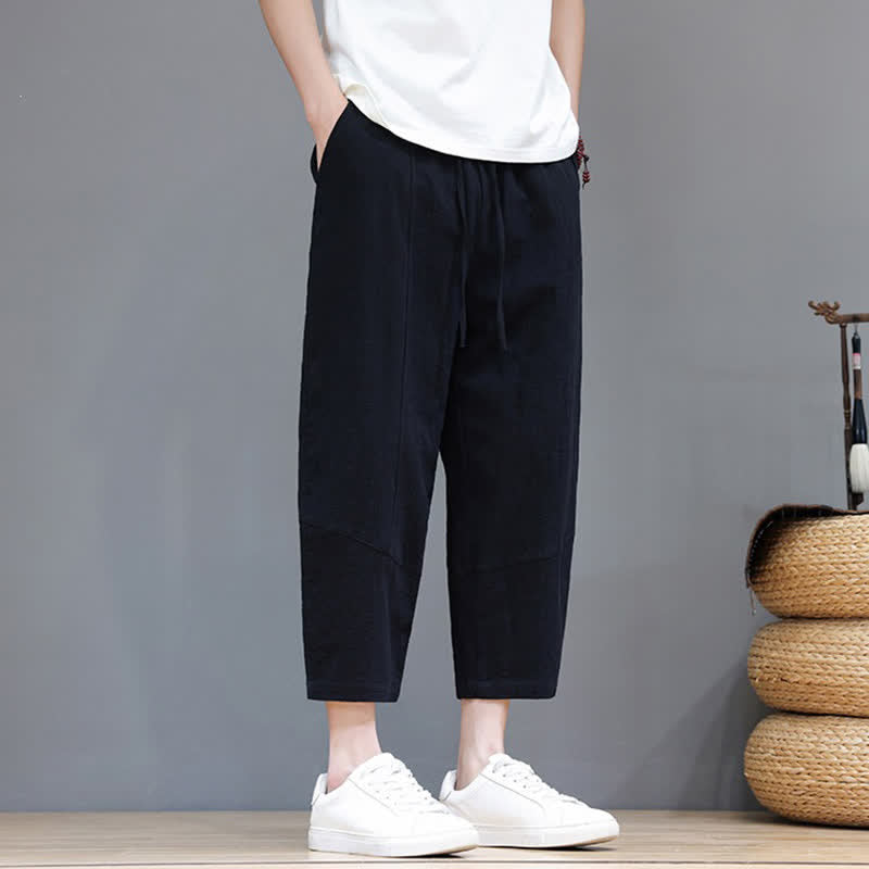 Buddha Stones Spring Summer Casual Minimalist Drawstring Solid Cotton Linen Capri Pants Men's Harem Pants With Pocket - image 9