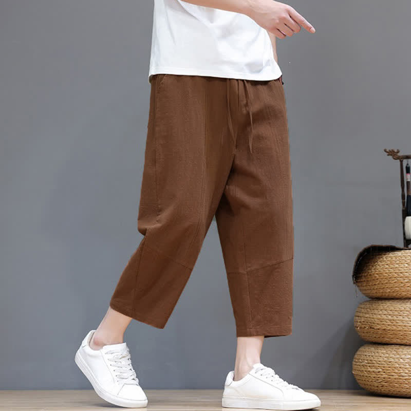 Buddha Stones Spring Summer Casual Minimalist Drawstring Solid Cotton Linen Capri Pants Men's Harem Pants With Pocket - image 18