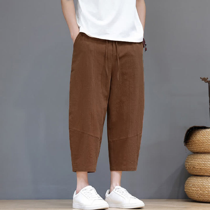 Buddha Stones Spring Summer Casual Minimalist Drawstring Solid Cotton Linen Capri Pants Men's Harem Pants With Pocket - image 21