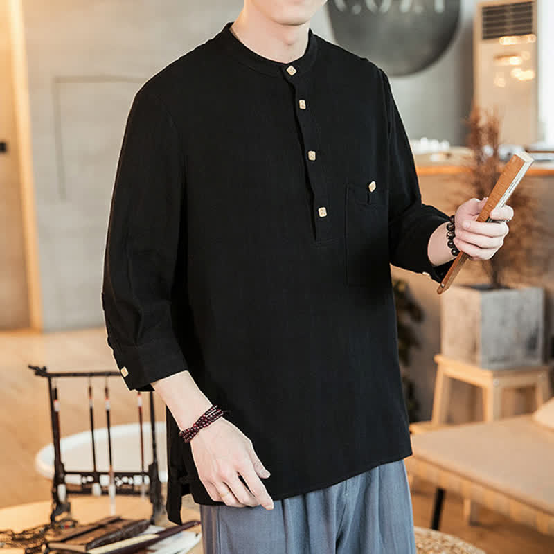 Buddha Stones Spring Summer Casual Tang Style Mandarin Collar Patch Pocket Solid Men's Long Sleeve Shirts With Pocket - image 11