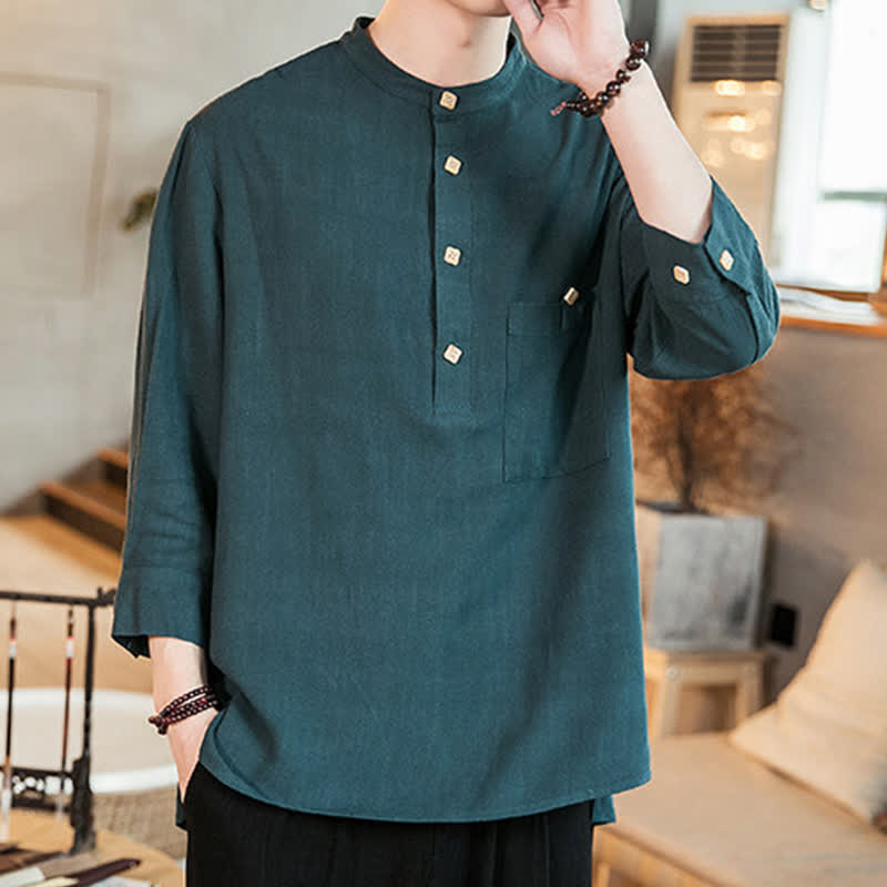 Buddha Stones Spring Summer Casual Tang Style Mandarin Collar Patch Pocket Solid Men's Long Sleeve Shirts With Pocket - image 1