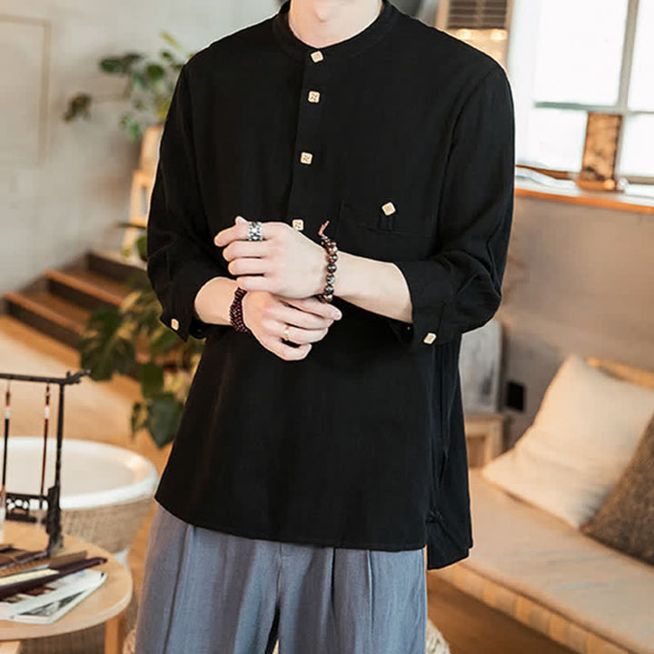 Buddha Stones Spring Summer Casual Tang Style Mandarin Collar Patch Pocket Solid Men's Long Sleeve Shirts With Pocket - image 7