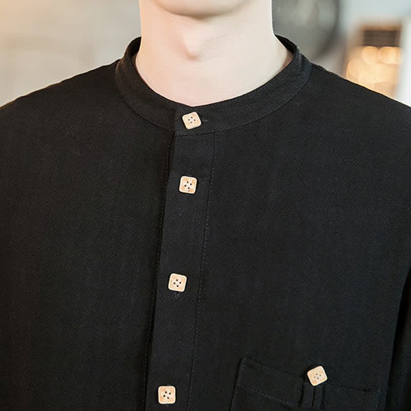 Buddha Stones Spring Summer Casual Tang Style Mandarin Collar Patch Pocket Solid Men's Long Sleeve Shirts With Pocket - image 13