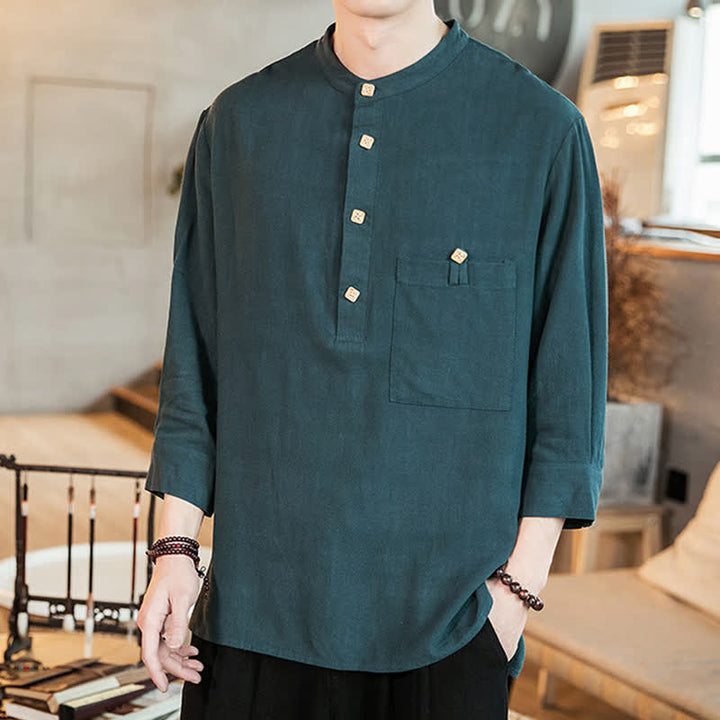 Buddha Stones Spring Summer Casual Tang Style Mandarin Collar Patch Pocket Solid Men's Long Sleeve Shirts With Pocket - DarkSlateGray - US/UK/AU46, EU56 (5XL) - image 0