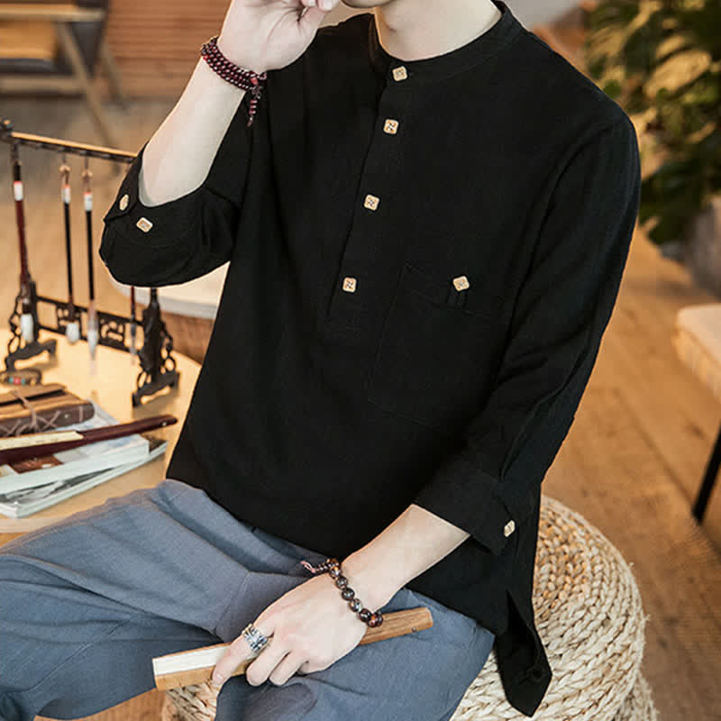 Buddha Stones Spring Summer Casual Tang Style Mandarin Collar Patch Pocket Solid Men's Long Sleeve Shirts With Pocket - image 12