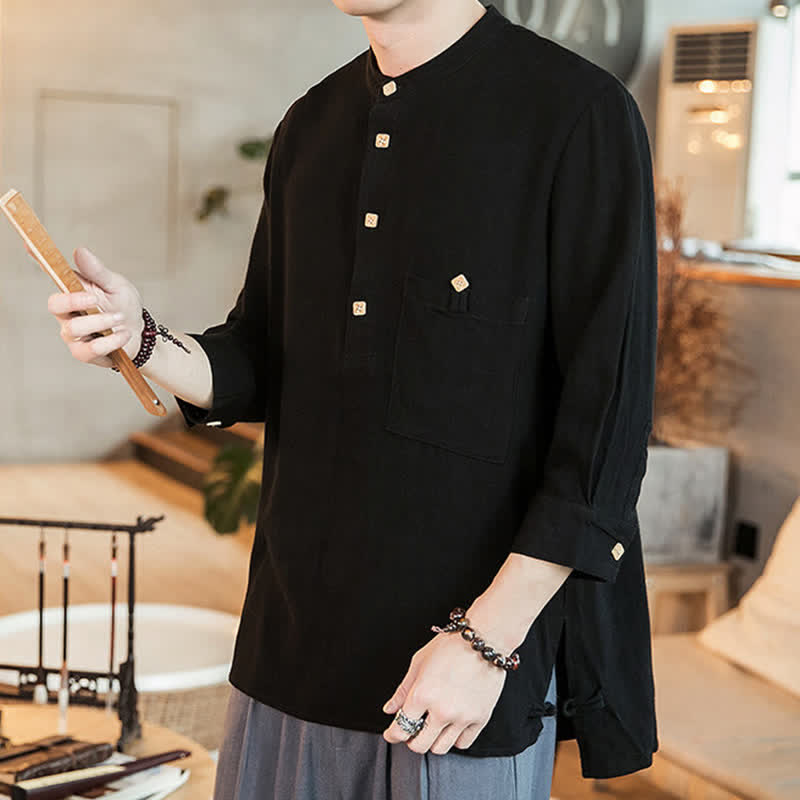 Buddha Stones Spring Summer Casual Tang Style Mandarin Collar Patch Pocket Solid Men's Long Sleeve Shirts With Pocket - image 9