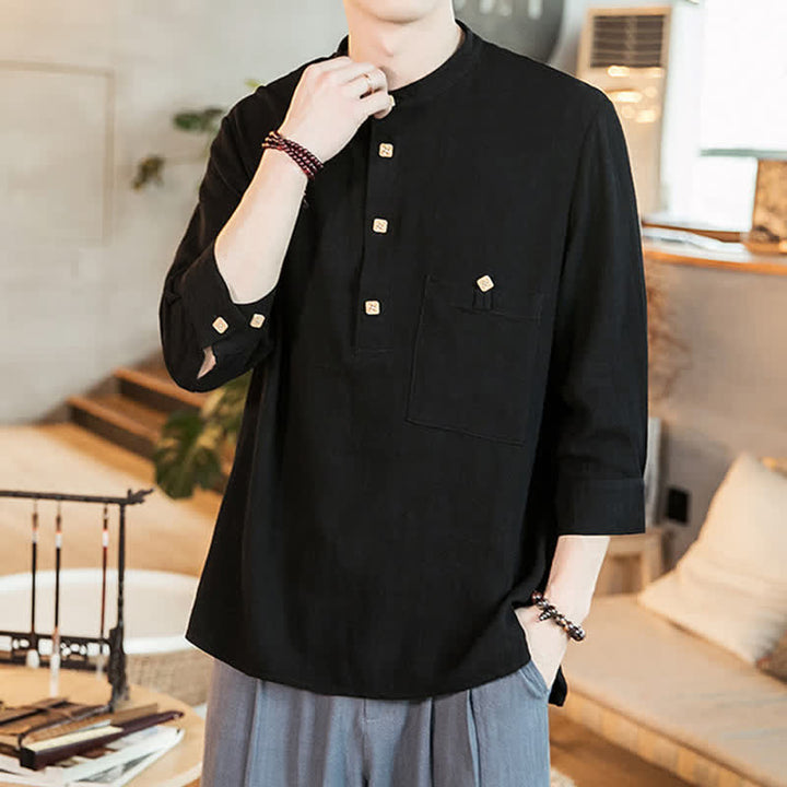 Buddha Stones Spring Summer Casual Tang Style Mandarin Collar Patch Pocket Solid Men's Long Sleeve Shirts With Pocket - image 10