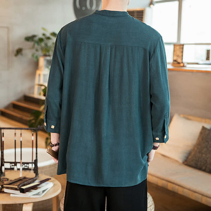 Buddha Stones Spring Summer Casual Tang Style Mandarin Collar Patch Pocket Solid Men's Long Sleeve Shirts With Pocket - image 2
