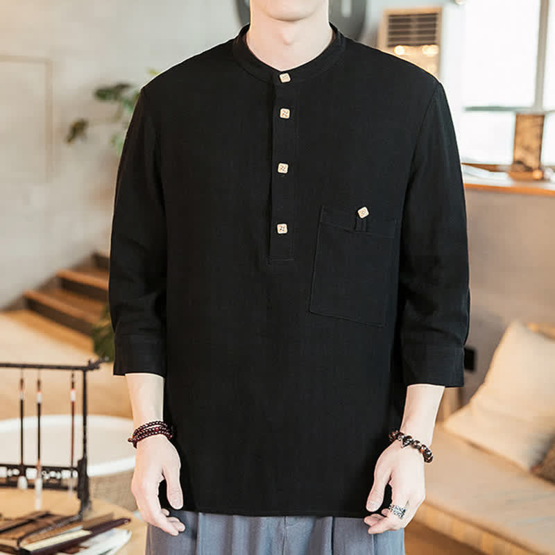 Buddha Stones Spring Summer Casual Tang Style Mandarin Collar Patch Pocket Solid Men's Long Sleeve Shirts With Pocket - Black - US/UK/AU46, EU56 (5XL) - image 6