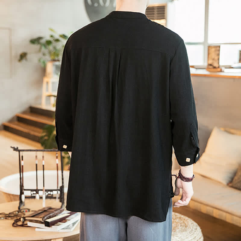 Buddha Stones Spring Summer Casual Tang Style Mandarin Collar Patch Pocket Solid Men's Long Sleeve Shirts With Pocket - image 8