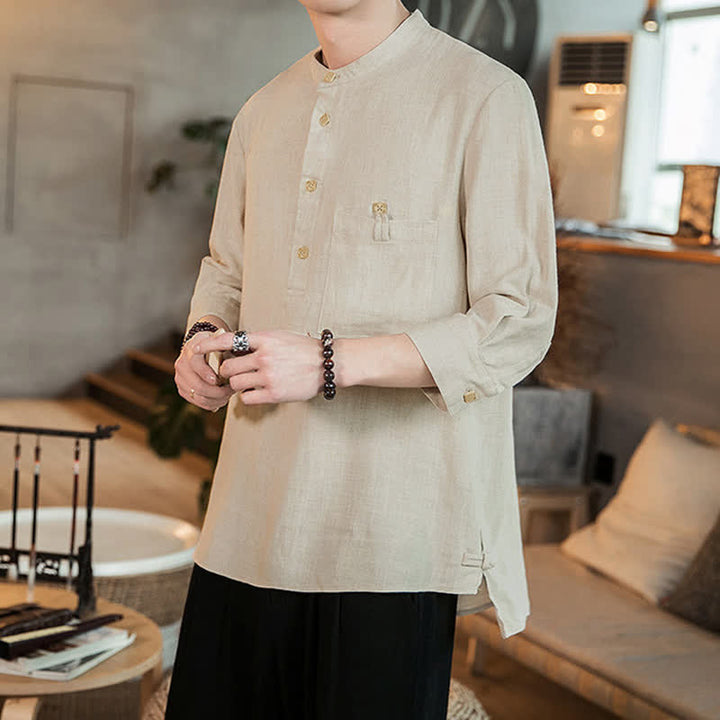 Buddha Stones Spring Summer Casual Tang Style Mandarin Collar Patch Pocket Solid Men's Long Sleeve Shirts With Pocket - image 21