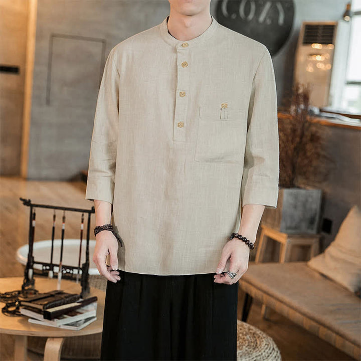 Buddha Stones Spring Summer Casual Tang Style Mandarin Collar Patch Pocket Solid Men's Long Sleeve Shirts With Pocket - Wheat - US/UK/AU46, EU56 (5XL) - image 17
