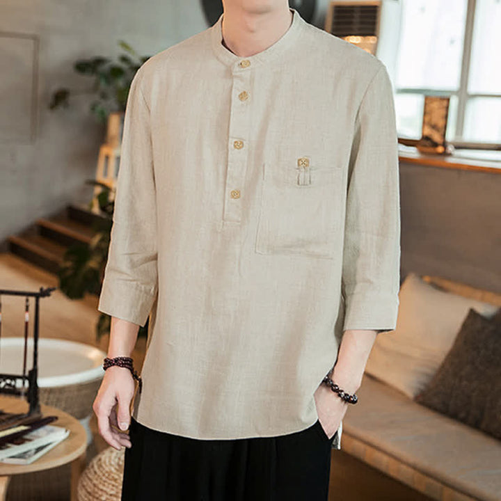 Buddha Stones Spring Summer Casual Tang Style Mandarin Collar Patch Pocket Solid Men's Long Sleeve Shirts With Pocket - image 18