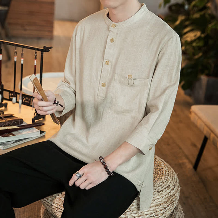 Buddha Stones Spring Summer Casual Tang Style Mandarin Collar Patch Pocket Solid Men's Long Sleeve Shirts With Pocket - image 24