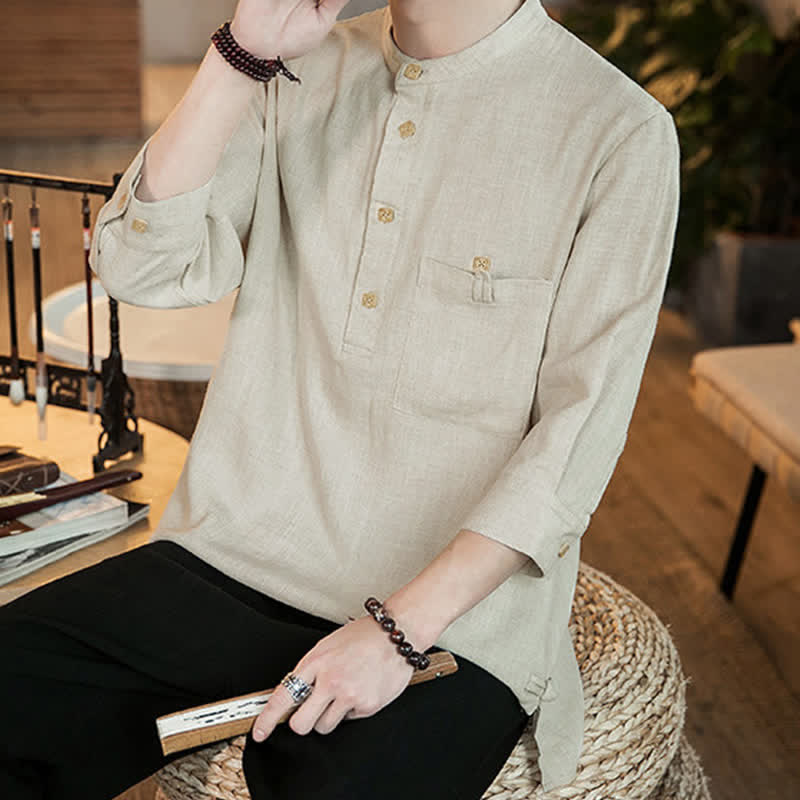 Buddha Stones Spring Summer Casual Tang Style Mandarin Collar Patch Pocket Solid Men's Long Sleeve Shirts With Pocket - image 23