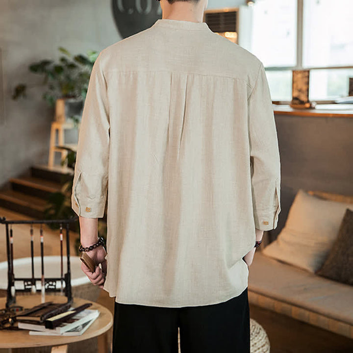 Buddha Stones Spring Summer Casual Tang Style Mandarin Collar Patch Pocket Solid Men's Long Sleeve Shirts With Pocket - image 19