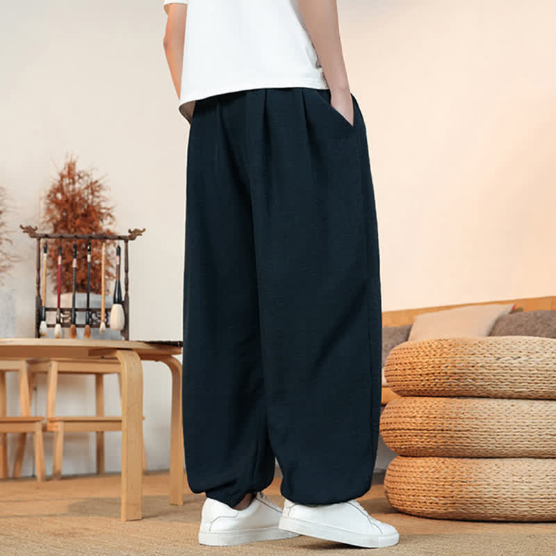 Buddha Stones Spring Summer Casual Drawstring Solid Cropped Pants Men's Straight Leg Pants With Pocket - image 29