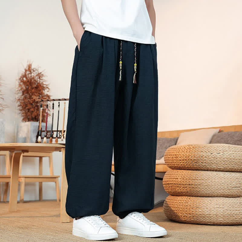 Buddha Stones Spring Summer Casual Drawstring Solid Cropped Pants Men's Straight Leg Pants With Pocket - image 34