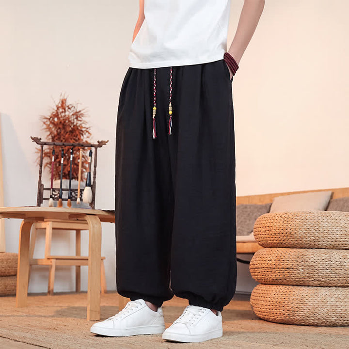 Buddha Stones Spring Summer Casual Drawstring Solid Cropped Pants Men's Straight Leg Pants With Pocket - image 13