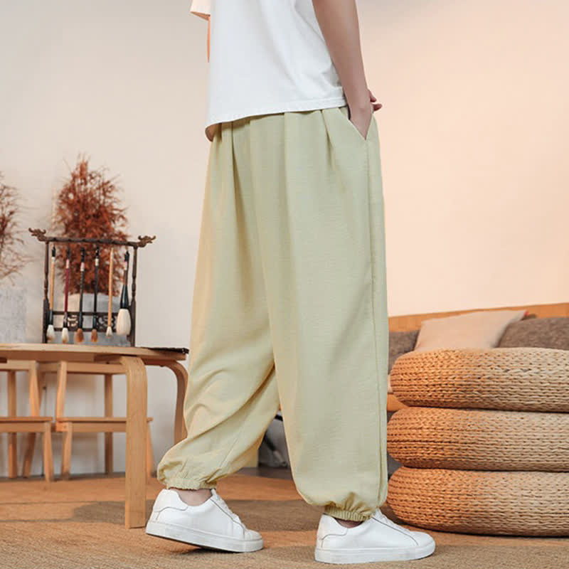 Buddha Stones Spring Summer Casual Drawstring Solid Cropped Pants Men's Straight Leg Pants With Pocket - image 4