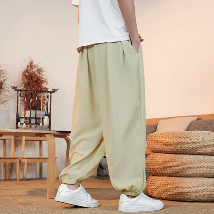 Buddha Stones Spring Summer Casual Drawstring Solid Cropped Pants Men's Straight Leg Pants With Pocket - image 4
