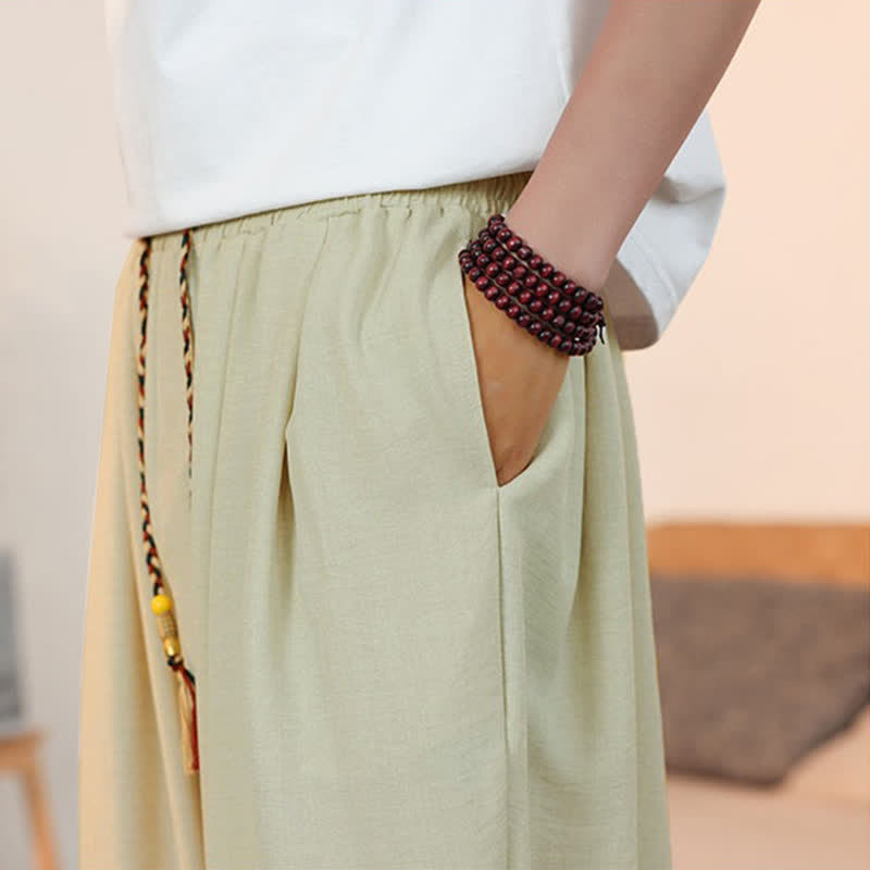 Buddha Stones Spring Summer Casual Drawstring Solid Cropped Pants Men's Straight Leg Pants With Pocket - image 7